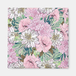 Cute Girly Blush Pink & White Floral Illustration Magneet