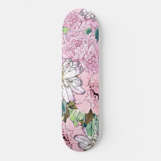 Cute Girly Blush Pink & White Floral Illustration Skateboard (Voorkant)