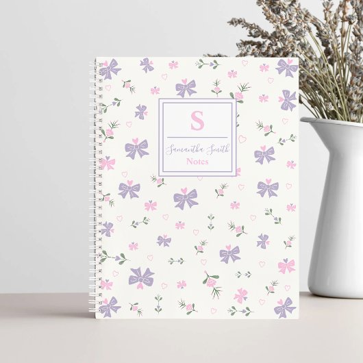Cute Girly Coquette Flowers & Bows Monogram Name Notitieboek