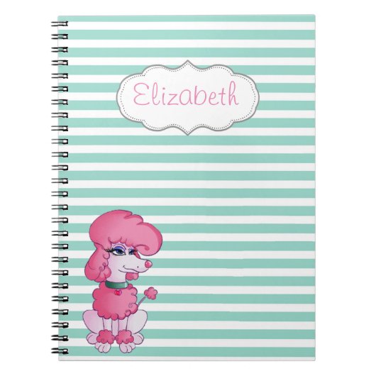 Cute Girly Dog op Mint White Stripes-Personalized Notitieboek (Voorkant)