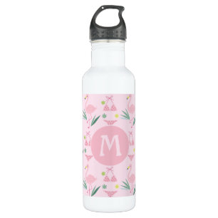Cute Girly Flamingo en Bikini Pink Monogram Waterfles