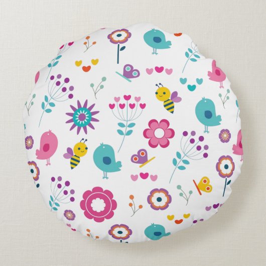 Cute Girly Flowers and Birds Pattern Personalized Rond Kussen (Achterkant)
