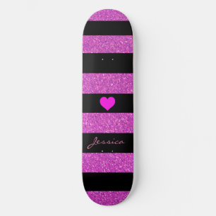 Cute Girly Glitter Pink Black Stripes Aangepaste n Skateboard