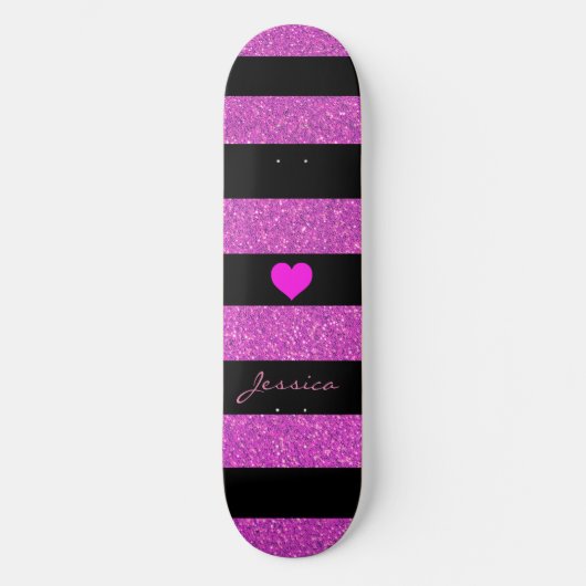Cute Girly Glitter Pink Black Stripes Aangepaste n Skateboard (Voorkant)