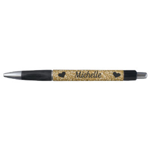 Cute Girly Gold Glitter Sparkle Hearts Name Pen
