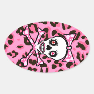 Cute Girly gothic punk schedel op roze luipaard Ovale Sticker