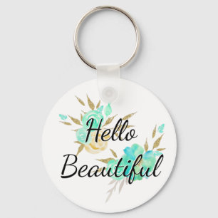 Cute Girly Hallo Beauful Gold & Blue Floral Sleutelhanger