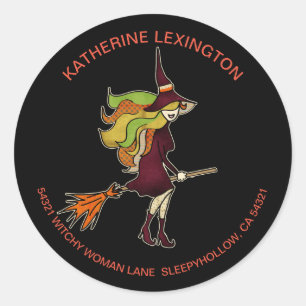 Cute Girly Halloween Witch Broomstick Adres Ronde Sticker