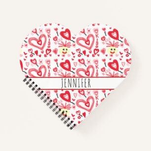 Cute Girly Heart Doodle Red Pink, speciaal geperso Notitieboek
