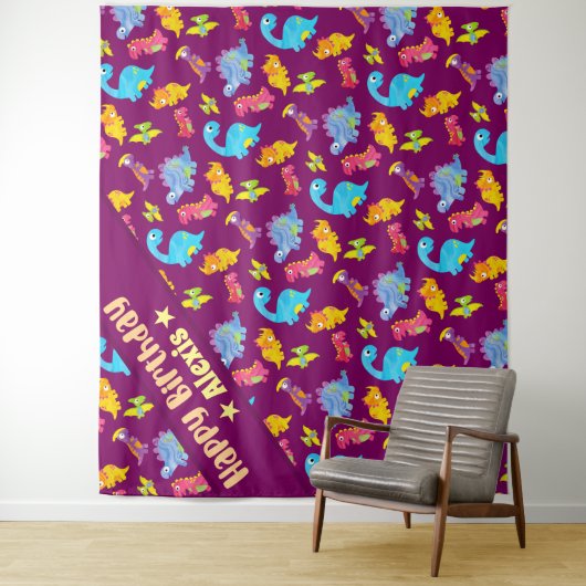 Cute Girly Kleurrijk Paarse Dinosaurus Thema Verja Wandkleed (In situ)