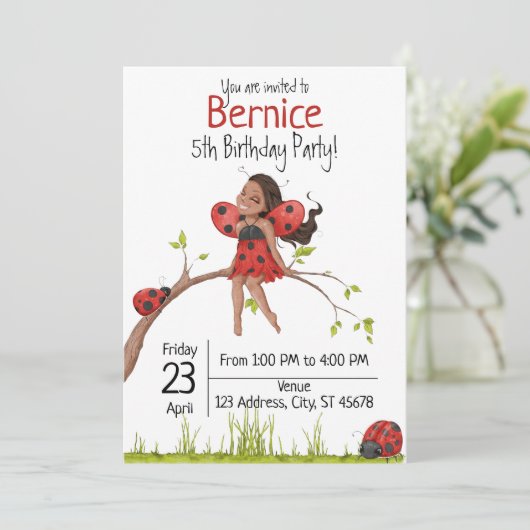 Cute Girly LadyBug 5e Anniversaire Invitation (Debout devant)