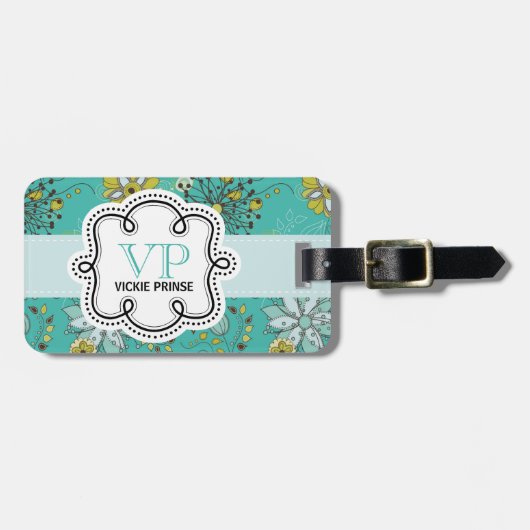 Cute Girly Personalized Flowery Pattern Doodle Bagagelabel (Voorkant horizontaal)