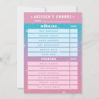 Cute Girly Pink Blue Glitter Kids Daily Chores Kaart