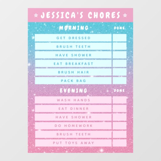 Cute Girly Pink Blue Glitter Kids Daily Chores  Raamsticker (Vel)