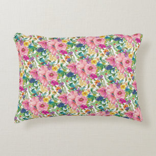 Cute Girly Pink Blue Yellow Waterverf Floral Accent Kussen