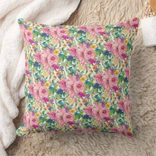 Cute Girly Pink Blue Yellow Waterverf Floral Kussen