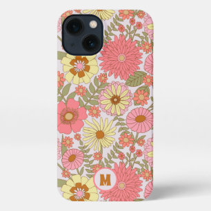 Cute Girly Pink Floral Pattern Monogrammed iPhone 13 Hoesje