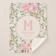 Cute Girly Pink Floral Sage Green Leaves Monogram