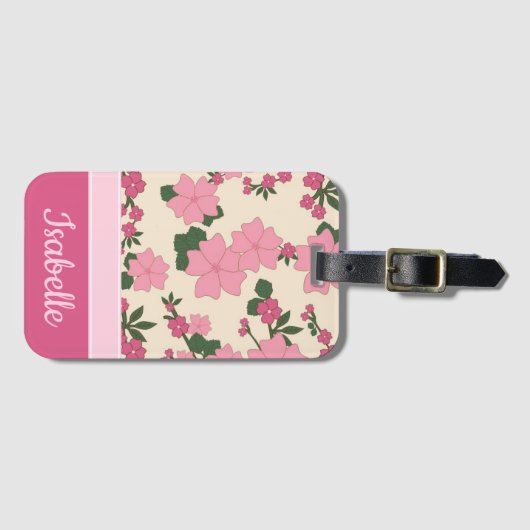 Cute Girly Pink Flower Pattern Personalized Bagagelabel (Voorkant (horizontaal))