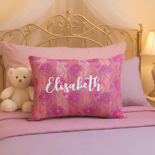 Cute & Girly Pink Flowers Striped Pattern Add Name Accent Kussen