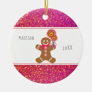 Cute Girly Pink Glitter Gingerbrood Snoep Name Keramisch Ornament
