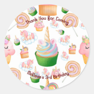 Cute Girly Pink Green Cupcake Unicorn Birthday Ronde Sticker