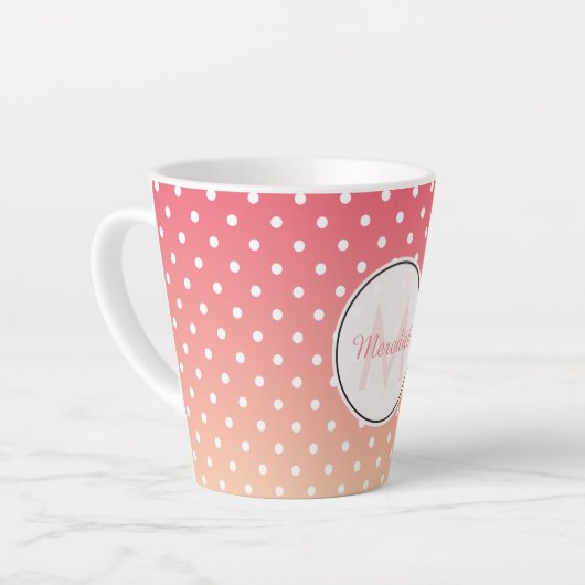 Cute Girly Pink Ombre Polka Dot Monogram Latte Mok (Linkerhoek)
