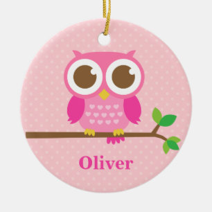 Cute Girly Pink Owl on Branch Girls Room Decor Keramisch Ornament