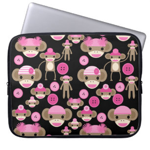 Cute Girly Pink Sock Monkeys Girls op Black Laptop Sleeve