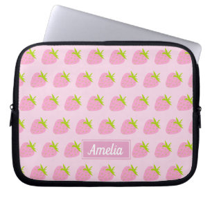Cute Girly Pink Strawberry Pattern Personalized Laptop Sleeve