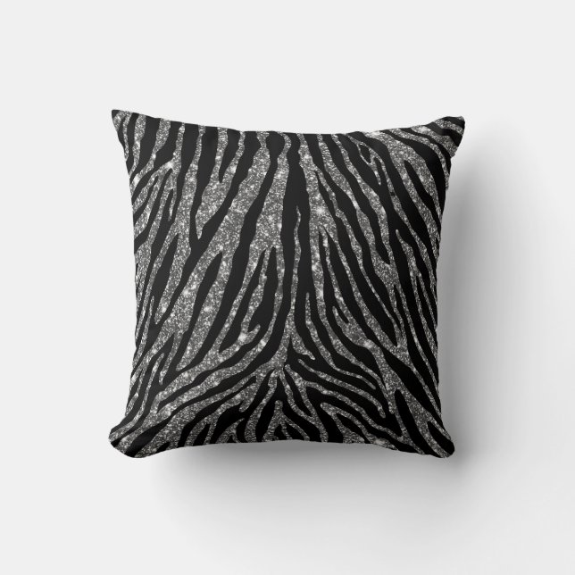 Cute Girly Silver Faux Glitter Zebra Black Patroon Kussen (Voorkant)