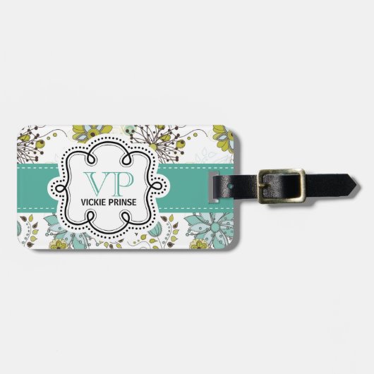 Cute Girly Spring Floral Specialized Initialen Bagagelabel (Voorkant horizontaal)