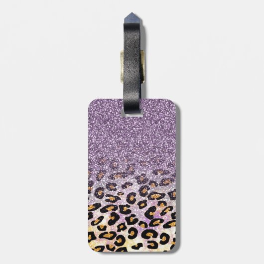 Cute girly trendy paarse faux glitter leopard bagagelabel (Achterkant verticaal)