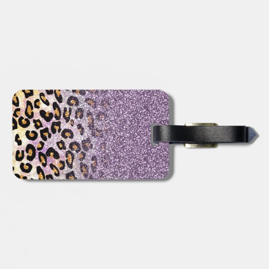 Cute girly trendy paarse faux glitter leopard bagagelabel (Achterkant horizontaal)