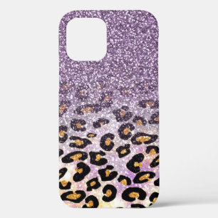 Cute girly trendy paarse faux glitter leopard iPhone 12 hoesje
