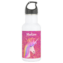 Cute Girly Unicorn Pink Gold Glitter Floral Name Waterfles
