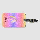Cute Girly Unicorn Rainbow Glitter Personalized Bagagelabel (Voorkant (horizontaal))