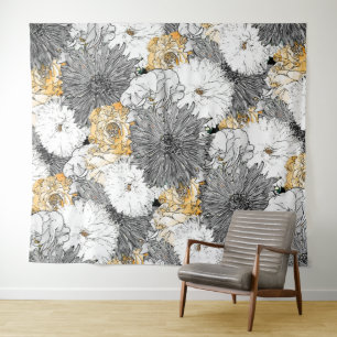 Cute Girly Yellow & Gray Floral Illustration Wandkleed