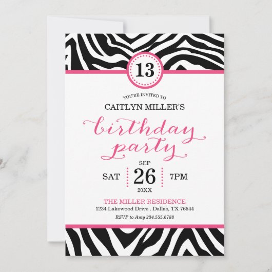 Cute Girly Zebra Imprimer Invitation de fête d'ann (Devant)