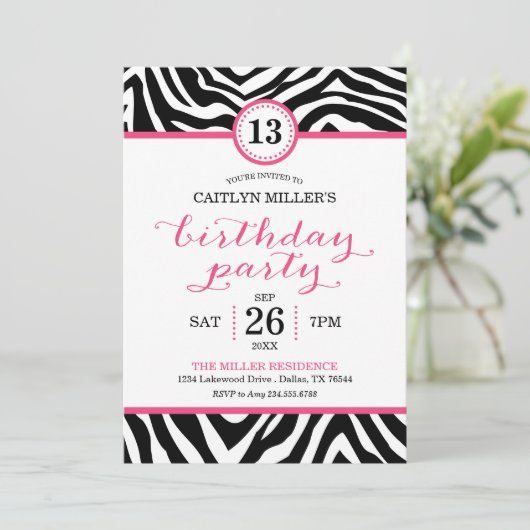 Cute Girly Zebra Imprimer Invitation de fête d'ann (Debout devant)