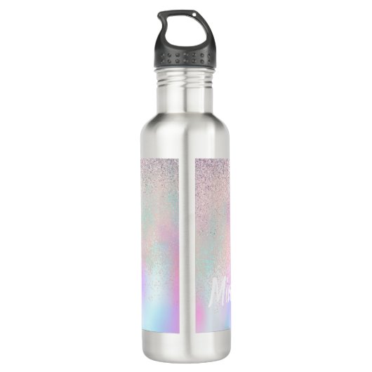 Cute Glitter en Sparkles Faux Hologram Waterfles (Achterkant)