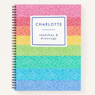 Cute Glitter Rainbow Stripes Colorful Name Sketch Notitieboek