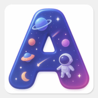 Cute Glossy Space Alphabet Letter A – Galaxy Theme Vierkante Sticker