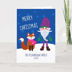 Cute Gnome Fox Snowflakes Night Blue Kerstmis Feestdagen Kaart