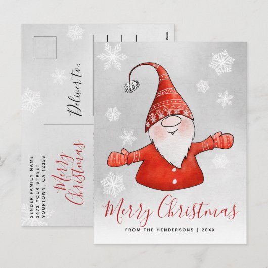 Cute Gnome Gray Red Kerstmis Feestdagenkaart (Voorkant / Achterkant)