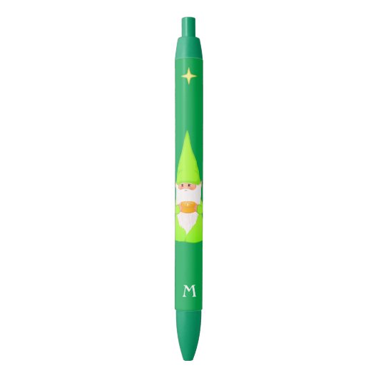 Cute Gnome Holding a Gift & Monogram on Green Zwarte Inkt Pen (Voorkant Verticaal)
