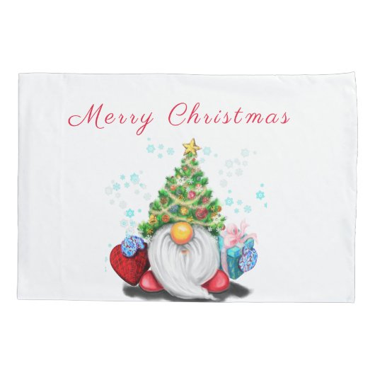 Cute Gnome with Christmas Tree Hat and Gift - Fun Kussensloop (Achterkant)