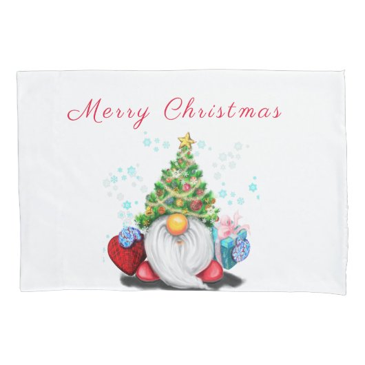 Cute Gnome with Christmas Tree Hat and Gift - Fun  Kussensloop (Voorkant)
