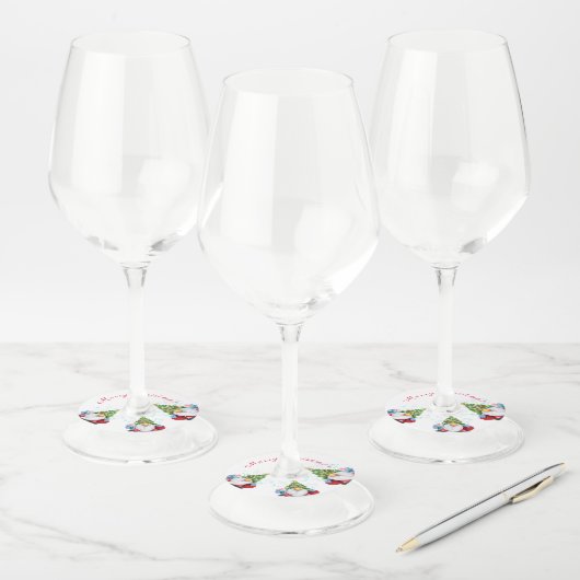 Cute Gnomen met Pet met kerstbomen en cadeautjes - Wijnglaslabel (Set)