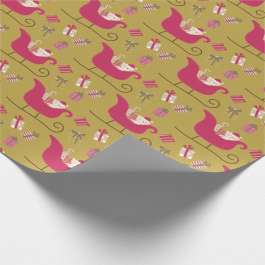 Cute Gold en Red Santa Sleigh Kinder kerstmis Cadeaupapier (Hoek)